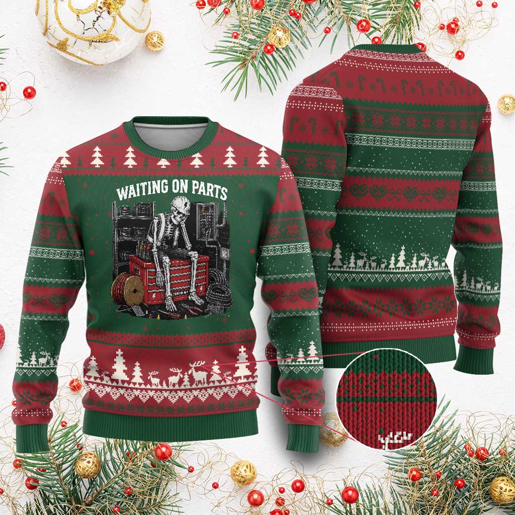 Electrician Skeleton Ugly Christmas Sweater Waiting On Parts Funny Graphic