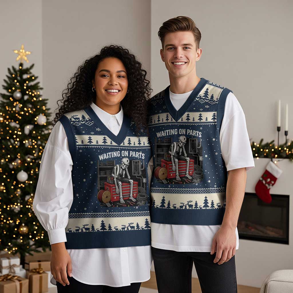 Electrician Skeleton V-Neck Knit Sweater Vest Waiting On Parts Funny Graphic