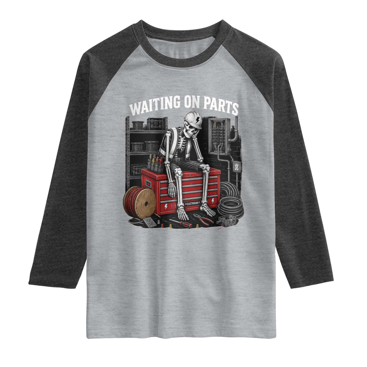 Electrician Skeleton Raglan Shirt Waiting On Parts Funny Graphic