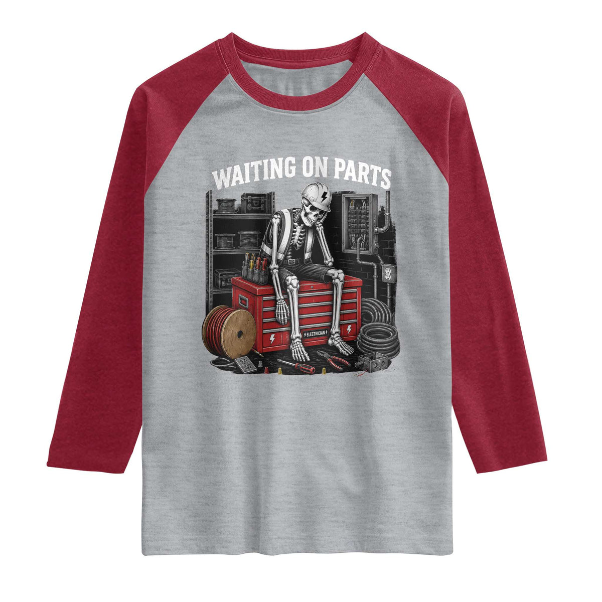 Electrician Skeleton Raglan Shirt Waiting On Parts Funny Graphic