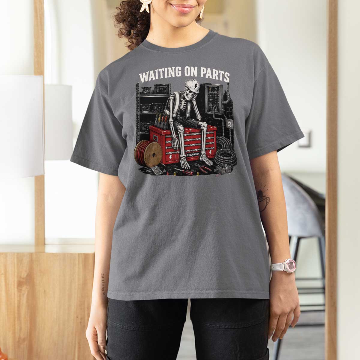 Electrician Skeleton T Shirt For Women Waiting On Parts Funny Graphic