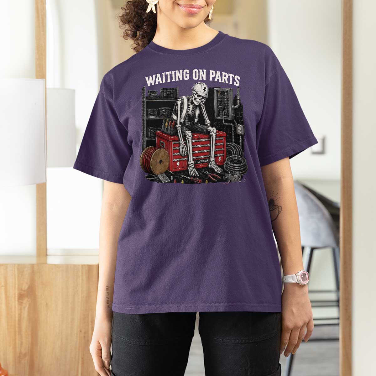 Electrician Skeleton T Shirt For Women Waiting On Parts Funny Graphic
