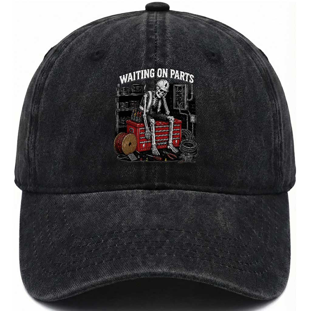 Electrician Skeleton Washed Cotton Baseball Cap Waiting On Parts Funny Graphic