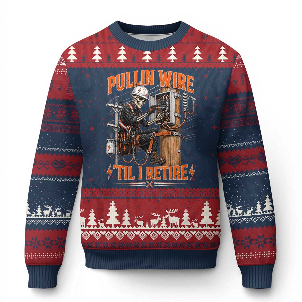 Electrician Lineman Skeleton Graphic Ugly Christmas Sweater Pullin Wire Til I Retire
