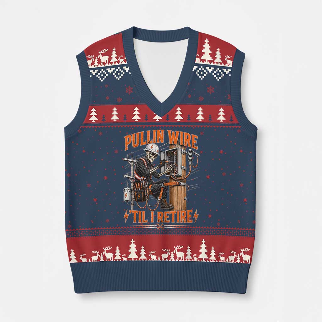 Electrician Lineman Skeleton Graphic V-Neck Knit Sweater Vest Pullin Wire Til I Retire