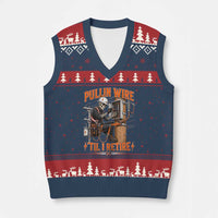 Electrician Lineman Skeleton Graphic V-Neck Knit Sweater Vest Pullin Wire Til I Retire