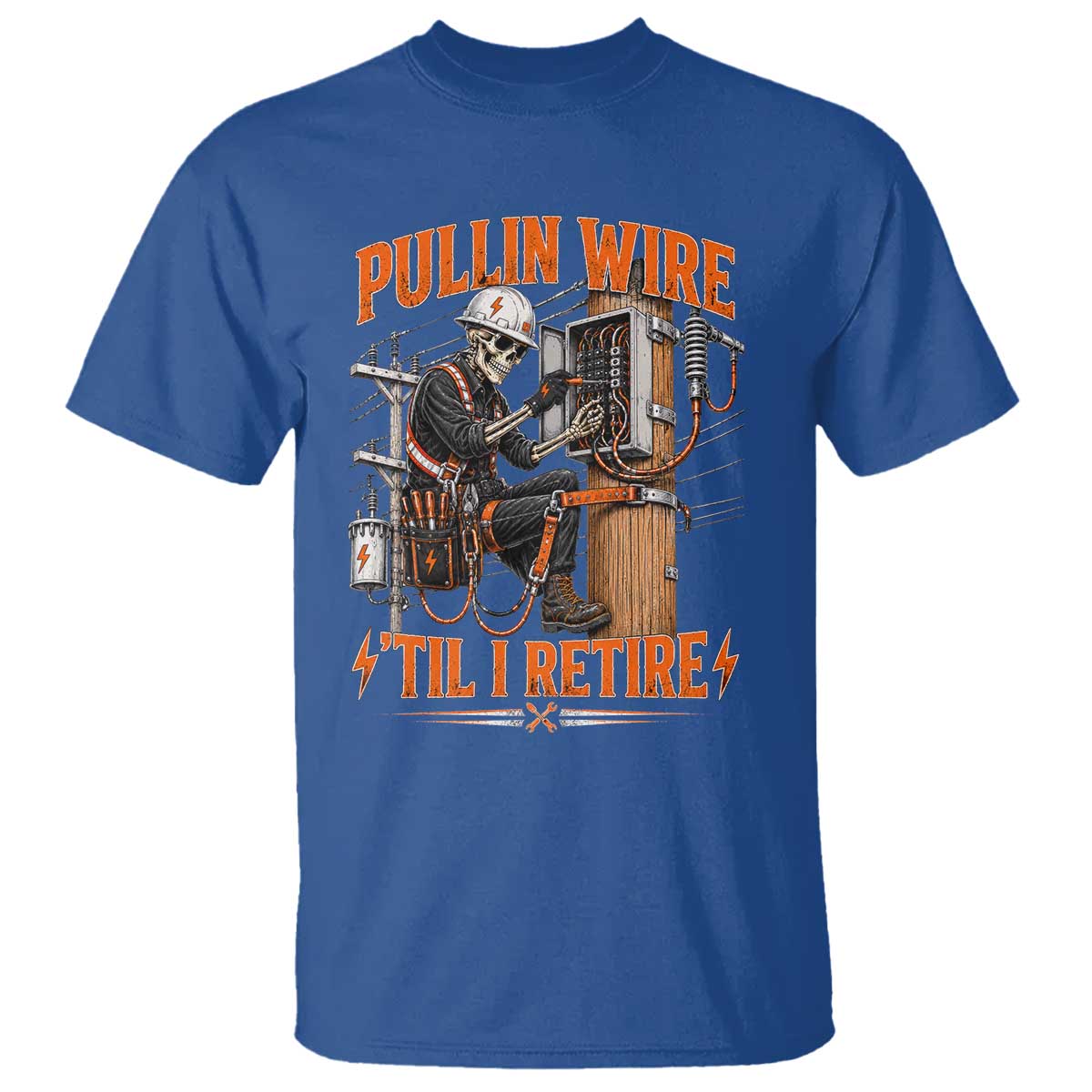 Electrician Lineman Skeleton Graphic T Shirt Pullin Wire Til I Retire