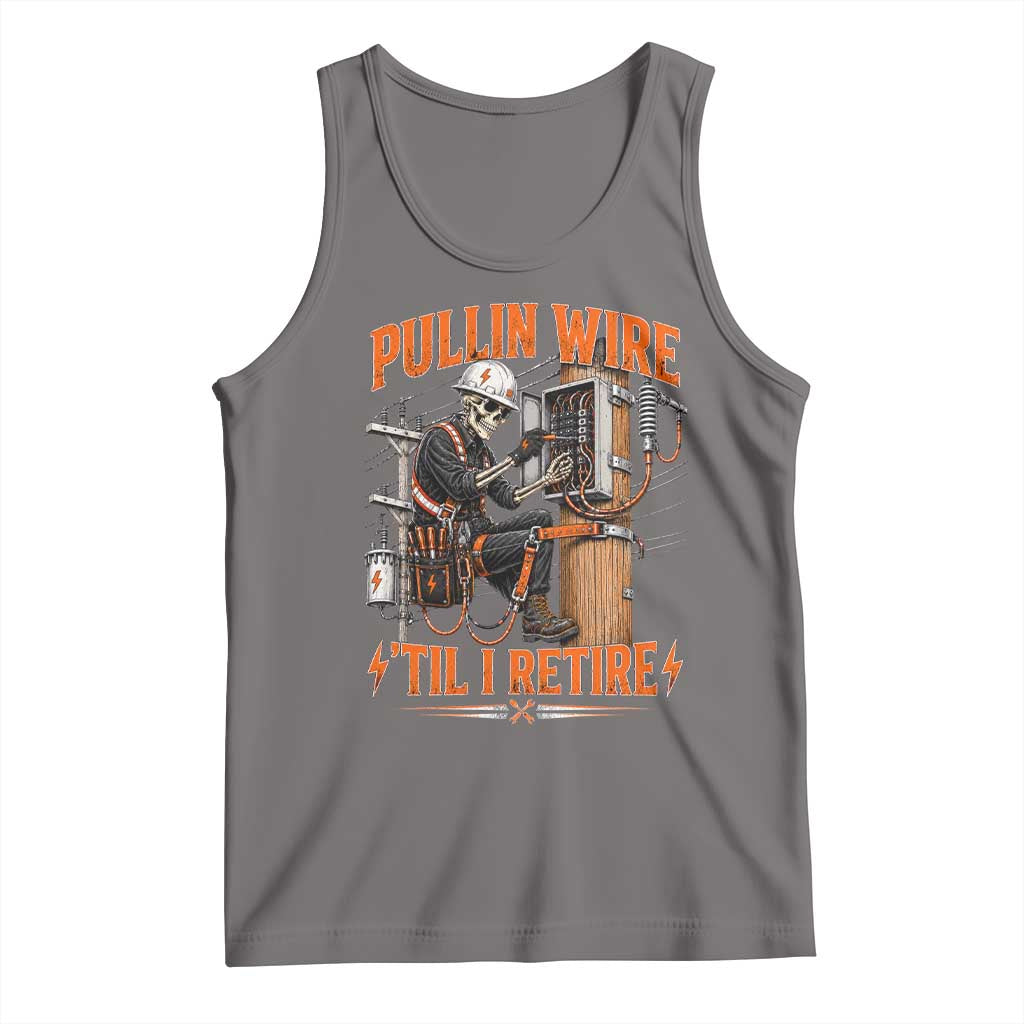 Electrician Lineman Skeleton Graphic Tank Top Pullin Wire Til I Retire