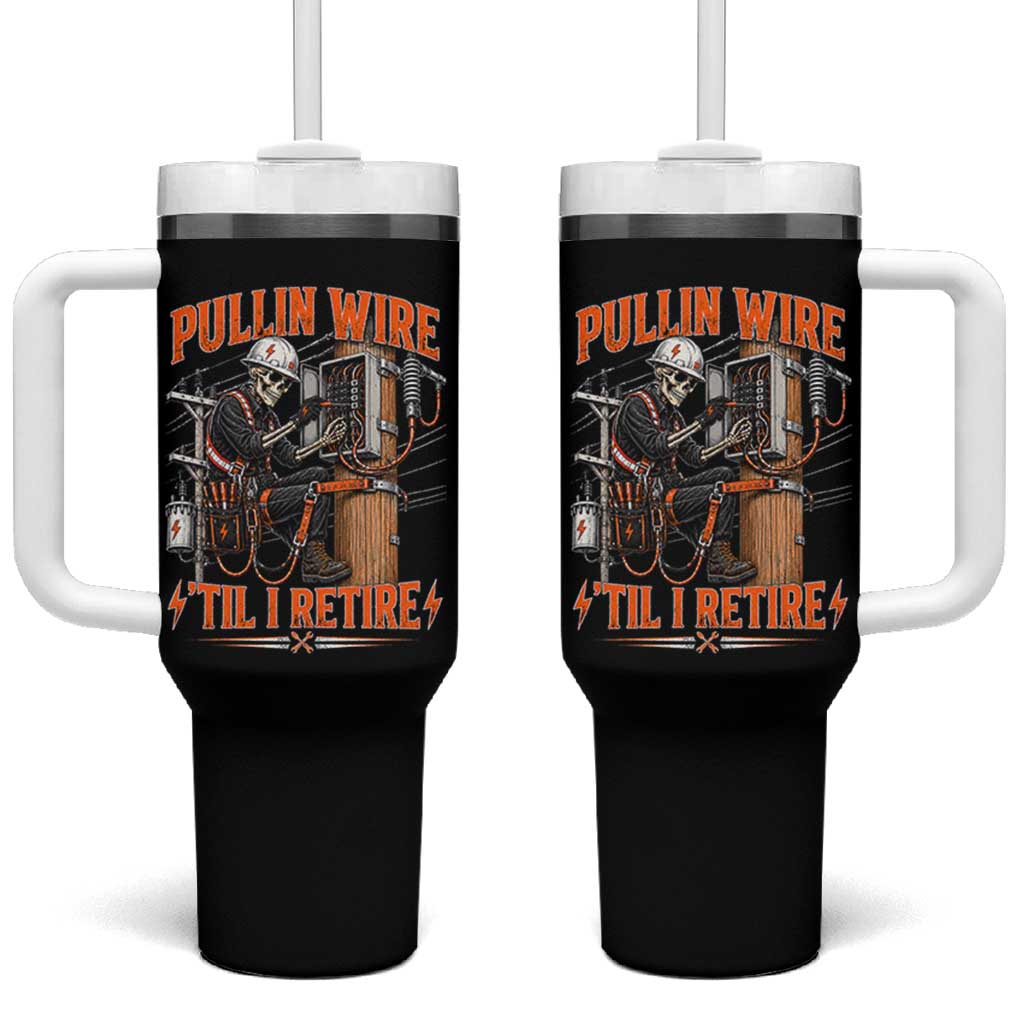 Electrician Lineman Skeleton Graphic Tumbler With Handle Pullin Wire Til I Retire