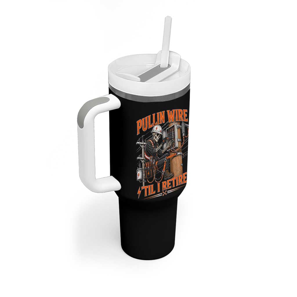 Electrician Lineman Skeleton Graphic Tumbler With Handle Pullin Wire Til I Retire