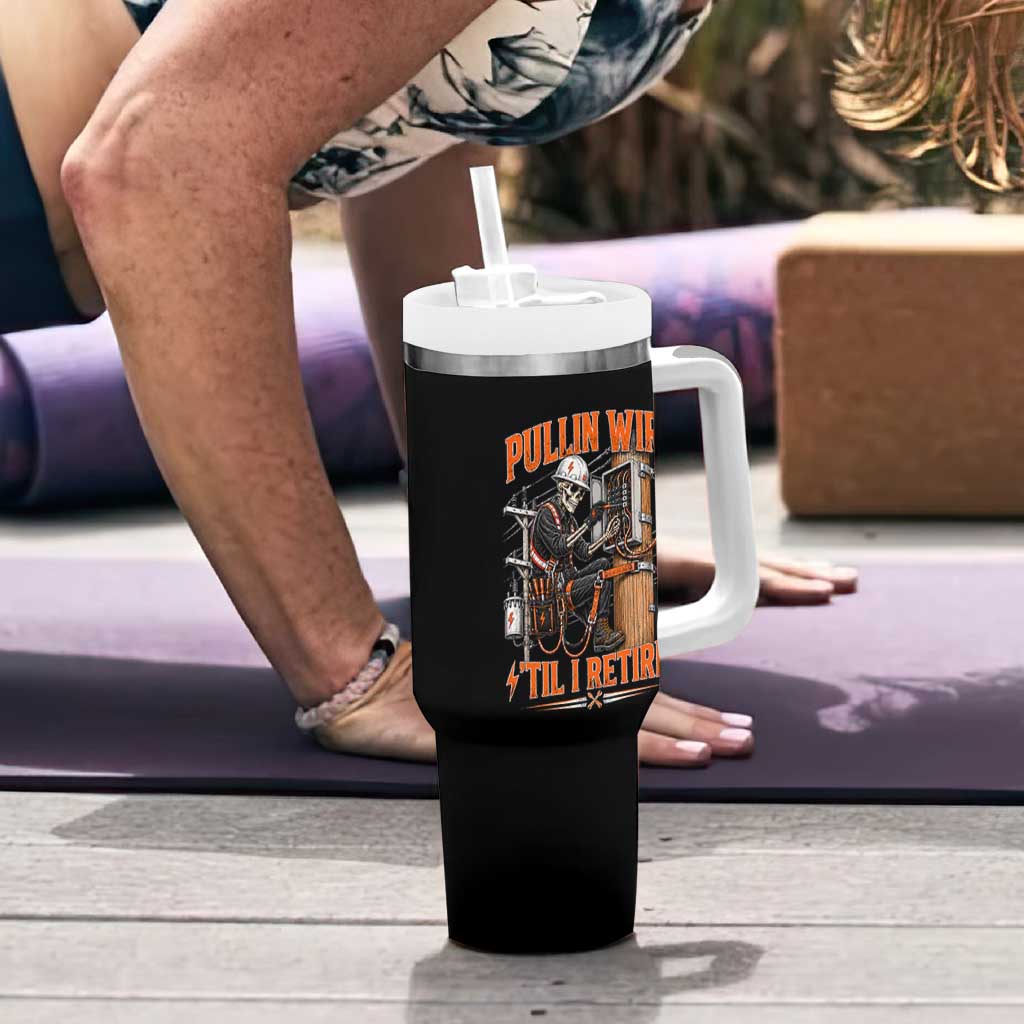Electrician Lineman Skeleton Graphic Tumbler With Handle Pullin Wire Til I Retire