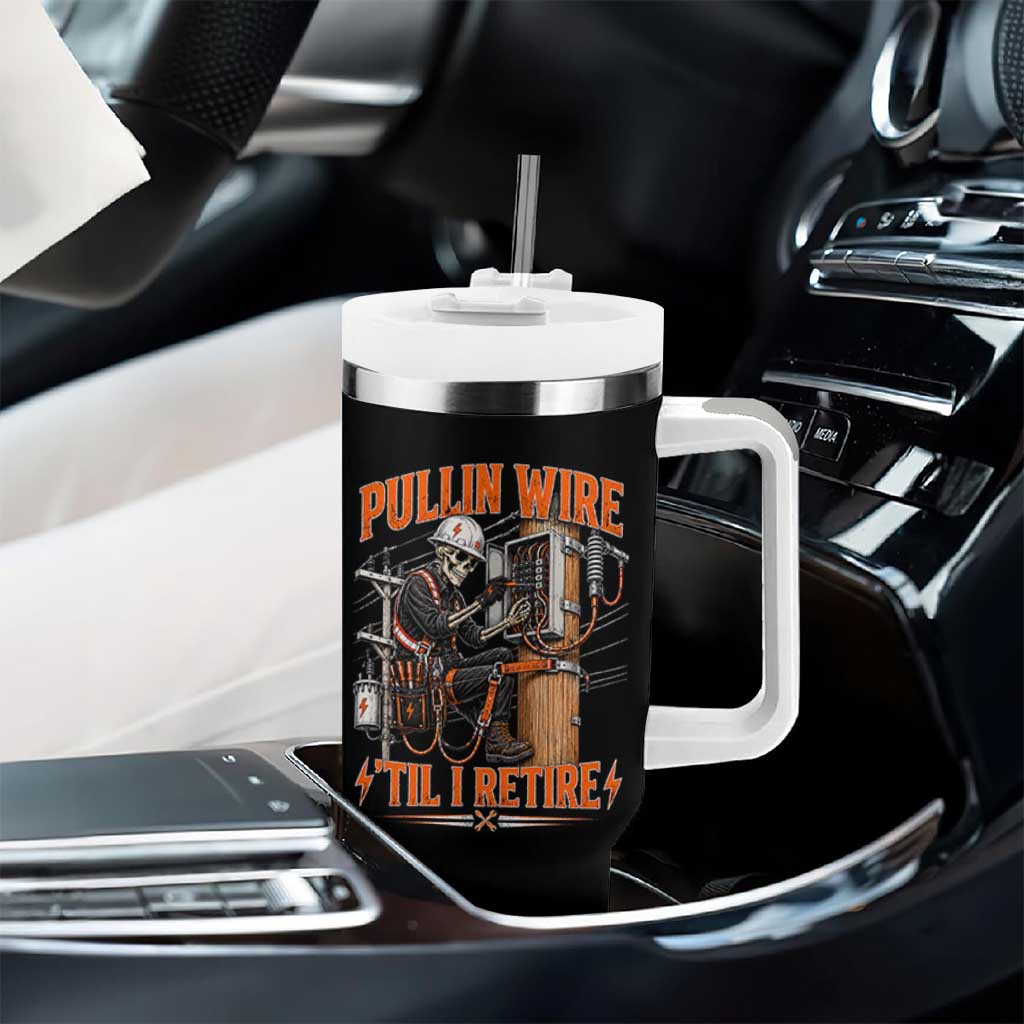 Electrician Lineman Skeleton Graphic Tumbler With Handle Pullin Wire Til I Retire