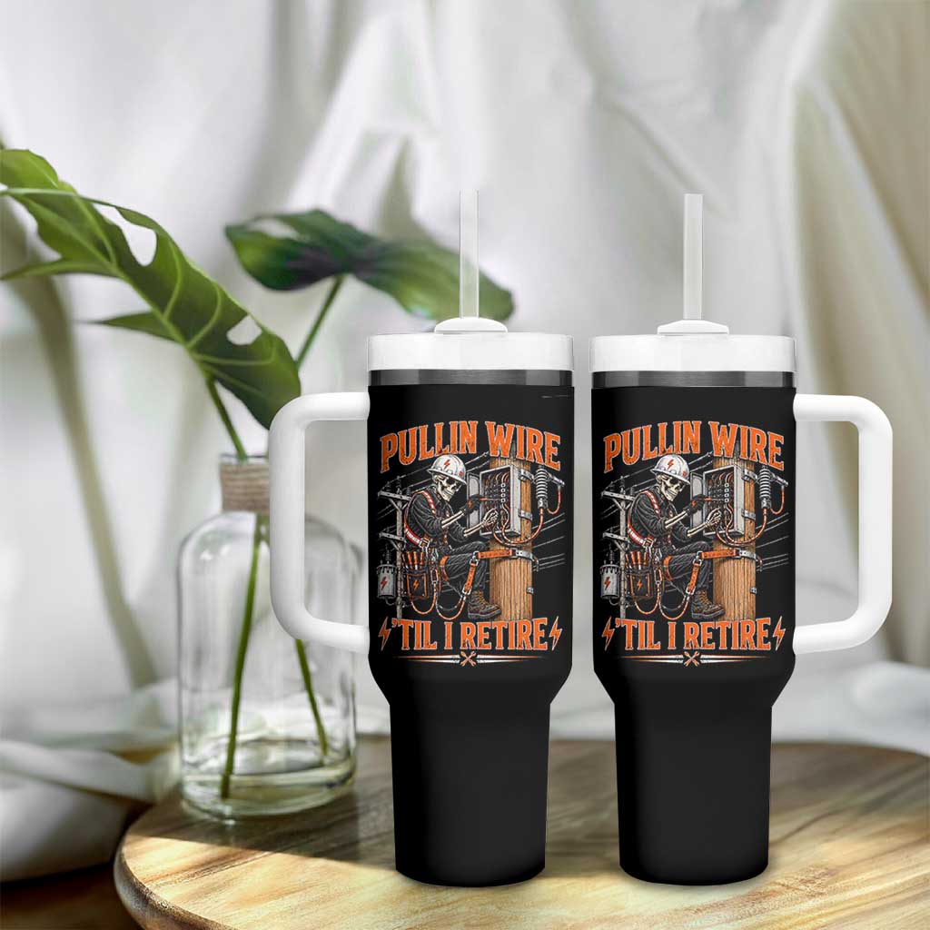 Electrician Lineman Skeleton Graphic Tumbler With Handle Pullin Wire Til I Retire