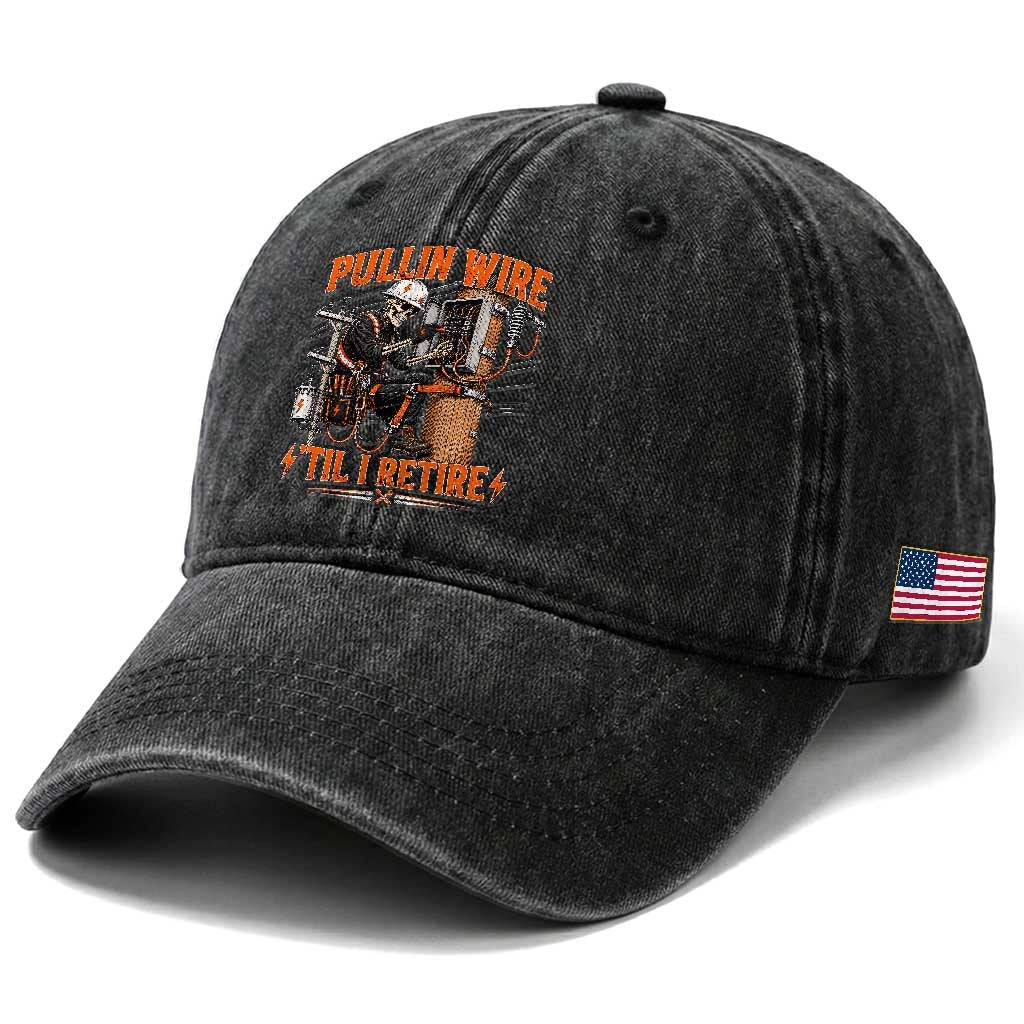 Electrician Lineman Skeleton Graphic Washed Cotton Baseball Cap Pullin Wire Til I Retire