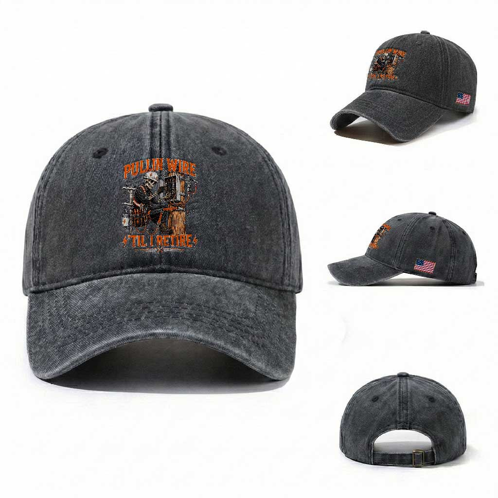 Electrician Lineman Skeleton Graphic Washed Cotton Baseball Cap Pullin Wire Til I Retire