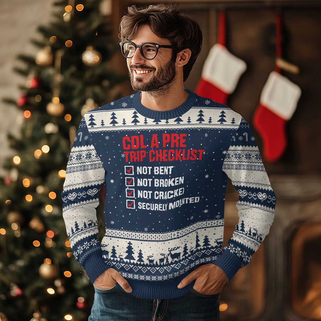 CDL A Pre Trip Checklist Trucker Ugly Christmas Sweater Driver Safety Inspection Graphic