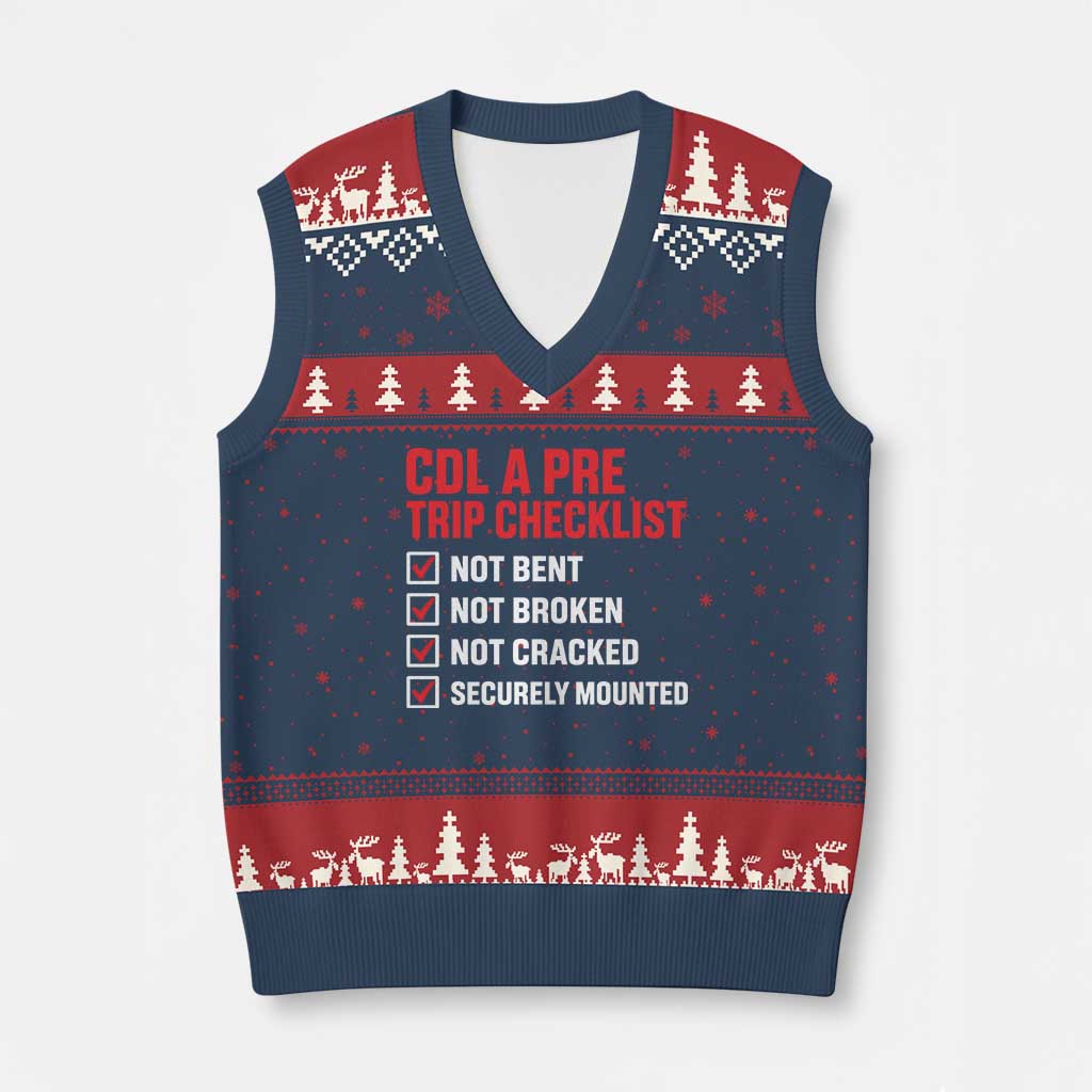 CDL A Pre Trip Checklist Trucker V-Neck Knit Sweater Vest Driver Safety Inspection Graphic