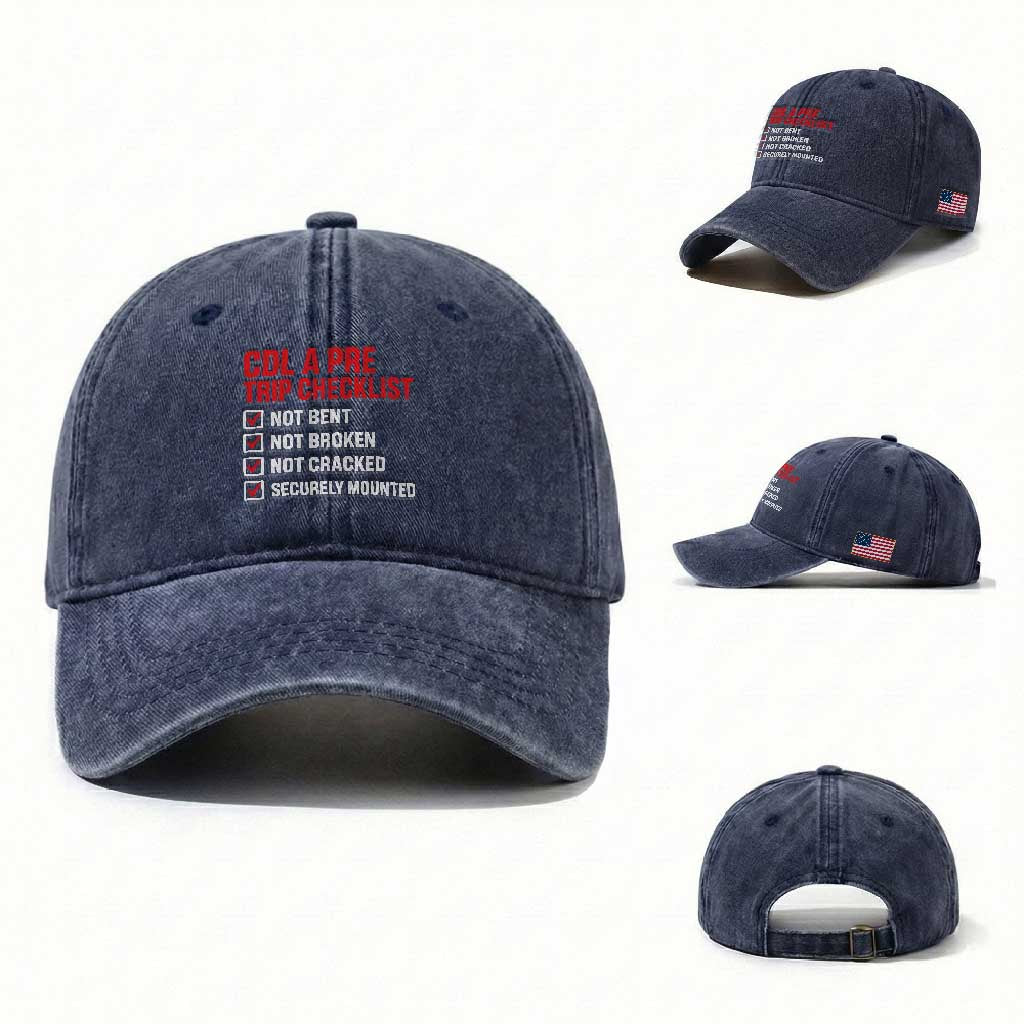 CDL A Pre Trip Checklist Trucker Washed Cotton Baseball Cap Driver Safety Inspection Graphic