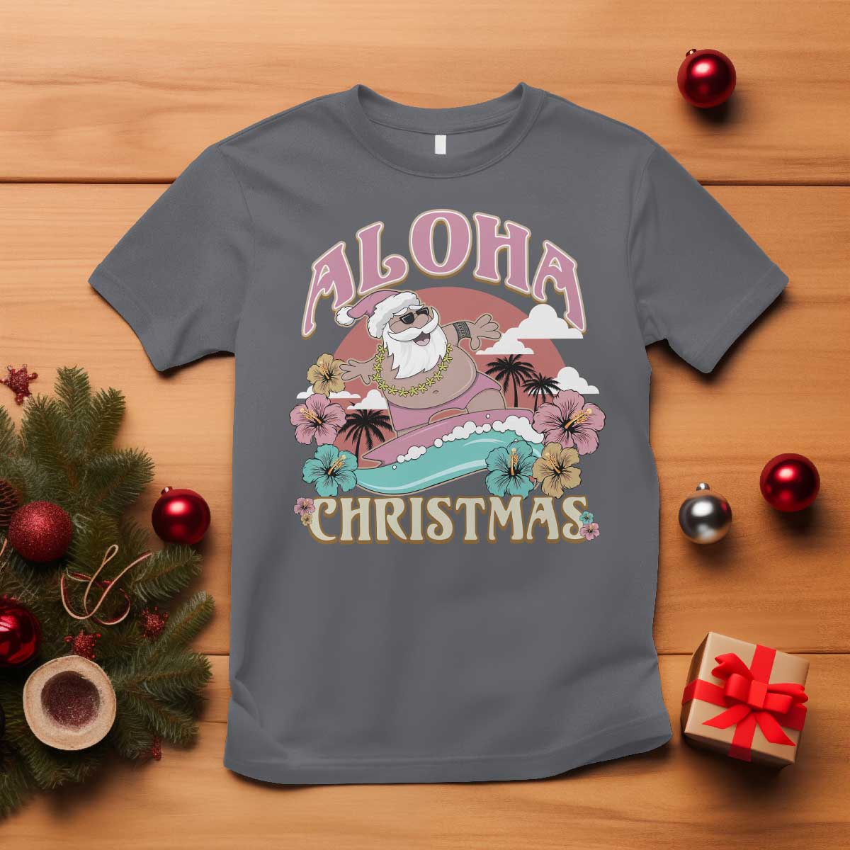 Hawaii Christmas T Shirt Surfing Santa With Tattoos Aloha Christmas - Wonder Print Shop