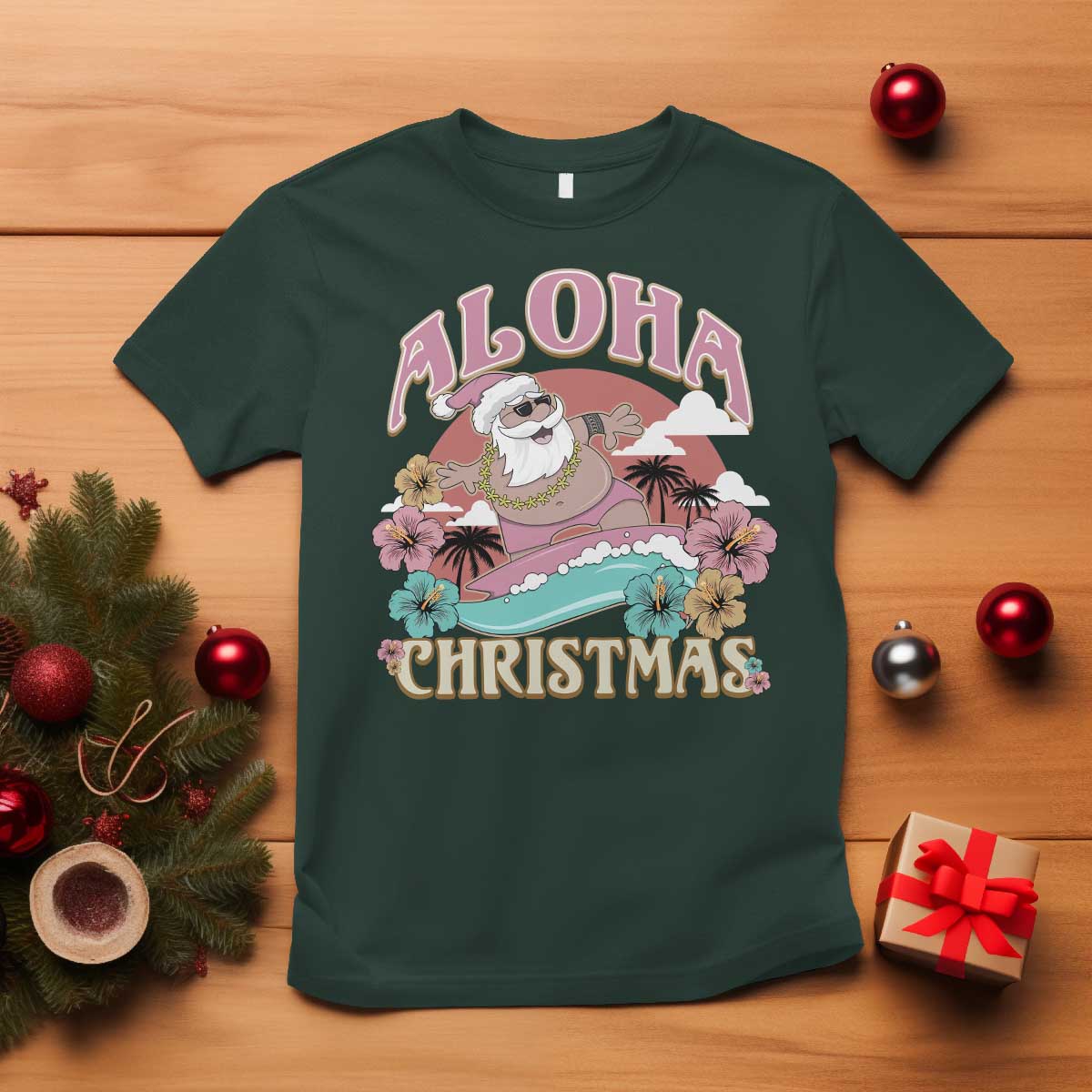 Hawaii Christmas T Shirt Surfing Santa With Tattoos Aloha Christmas - Wonder Print Shop