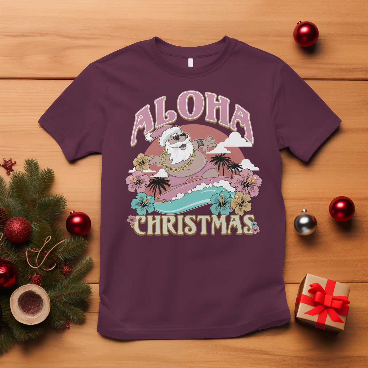 Hawaii Christmas T Shirt Surfing Santa With Tattoos Aloha Christmas - Wonder Print Shop