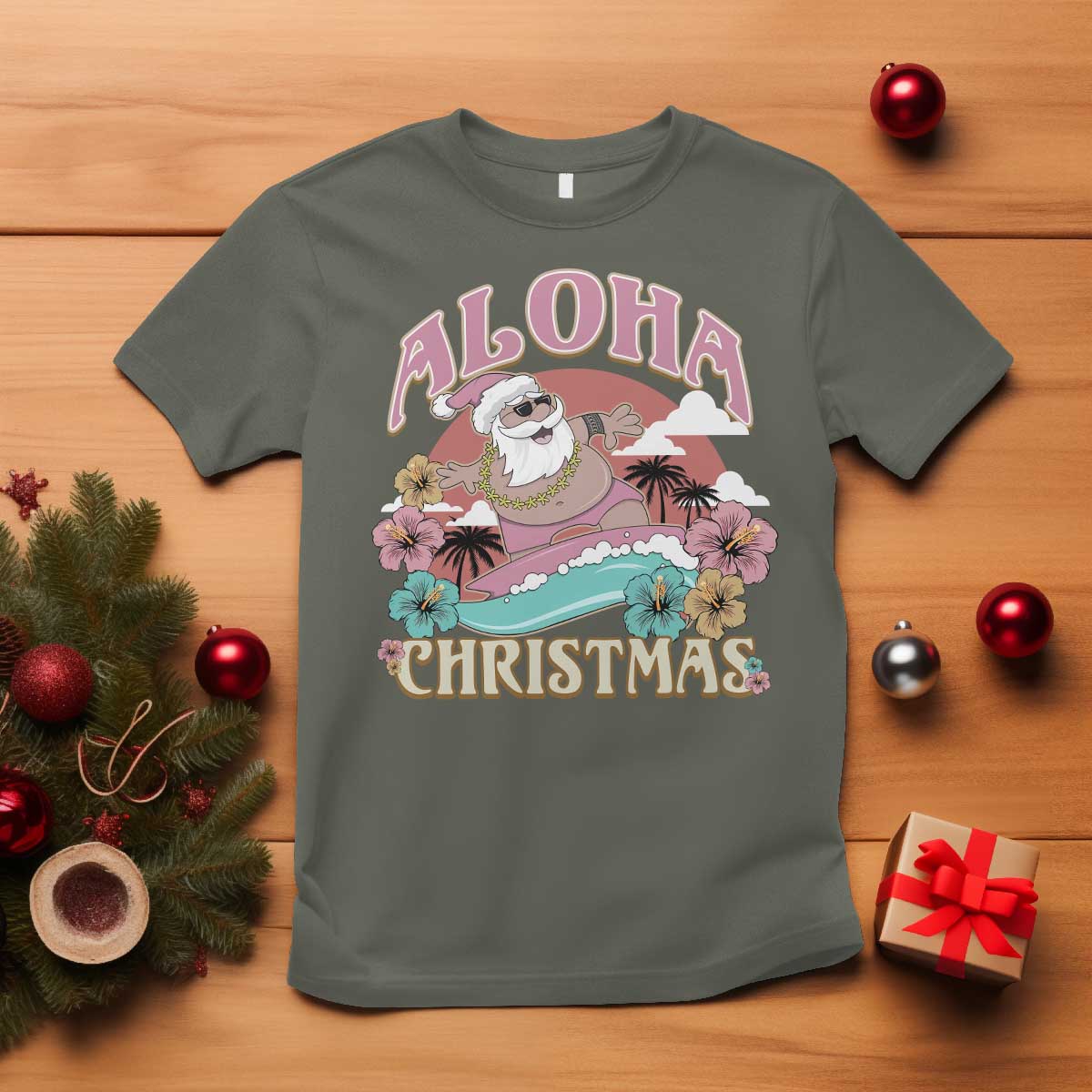 Hawaii Christmas T Shirt Surfing Santa With Tattoos Aloha Christmas - Wonder Print Shop