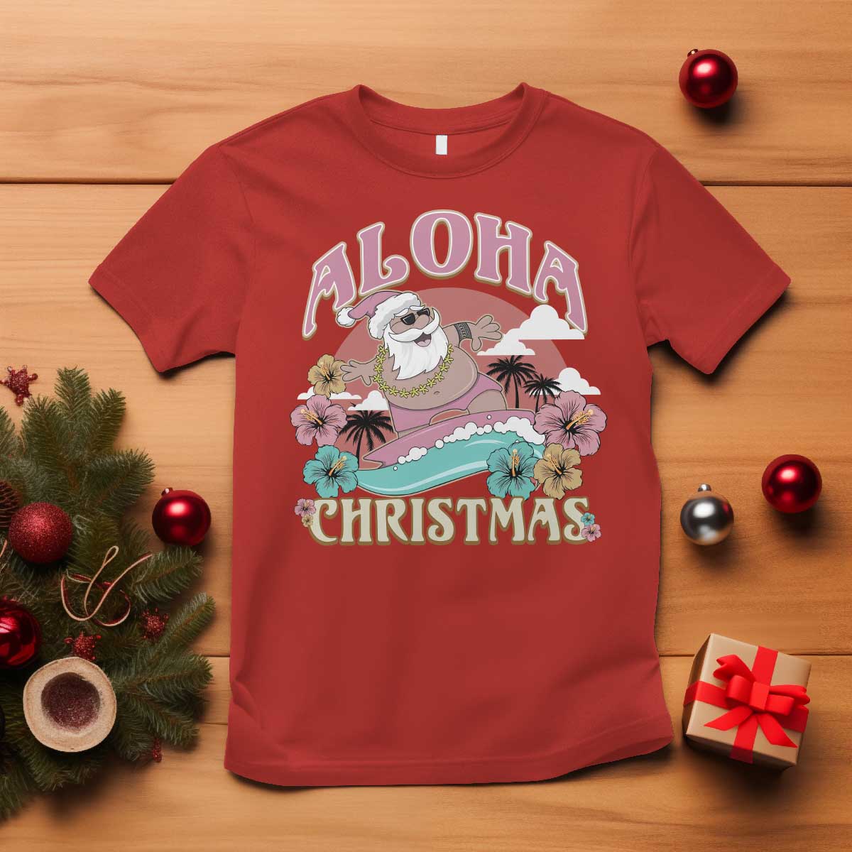 Hawaii Christmas T Shirt Surfing Santa With Tattoos Aloha Christmas - Wonder Print Shop