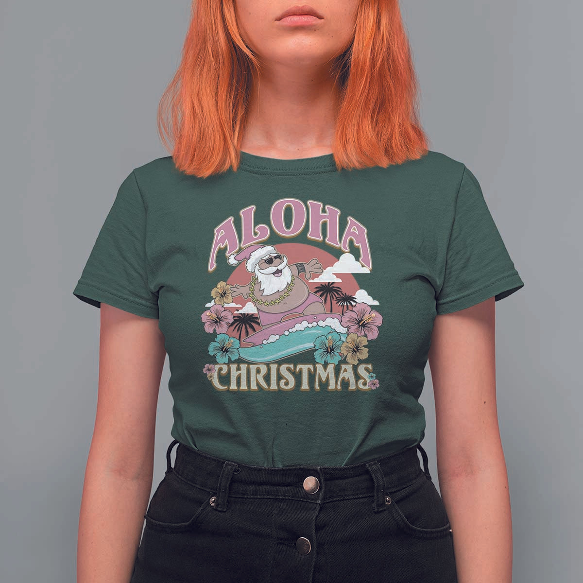 Hawaii Christmas T Shirt For Women Surfing Santa With Tattoos Aloha Christmas - Wonder Print Shop