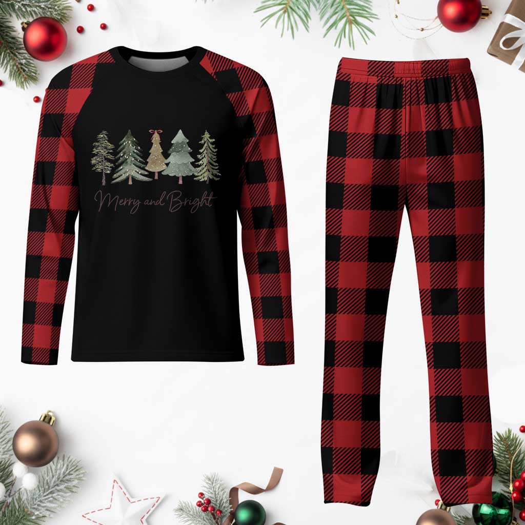 Merry and Bright Trees Plaid Pajama Set Womans Holiday Coquette Tree Bow - Wonder Print Shop