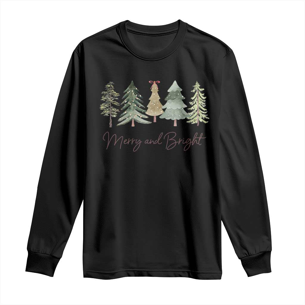 Merry and Bright Trees Long Sleeve Shirt Womans Holiday Coquette Tree Bow