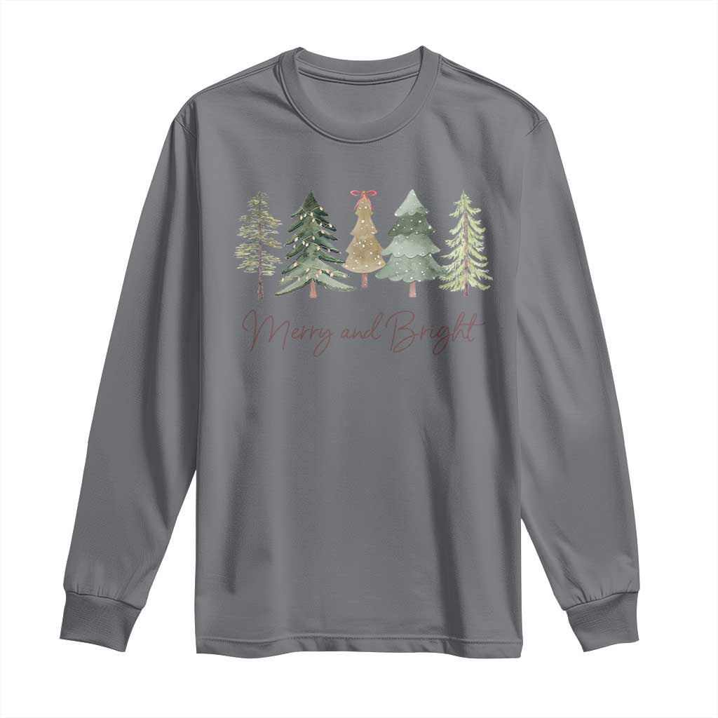 Merry and Bright Trees Long Sleeve Shirt Womans Holiday Coquette Tree Bow