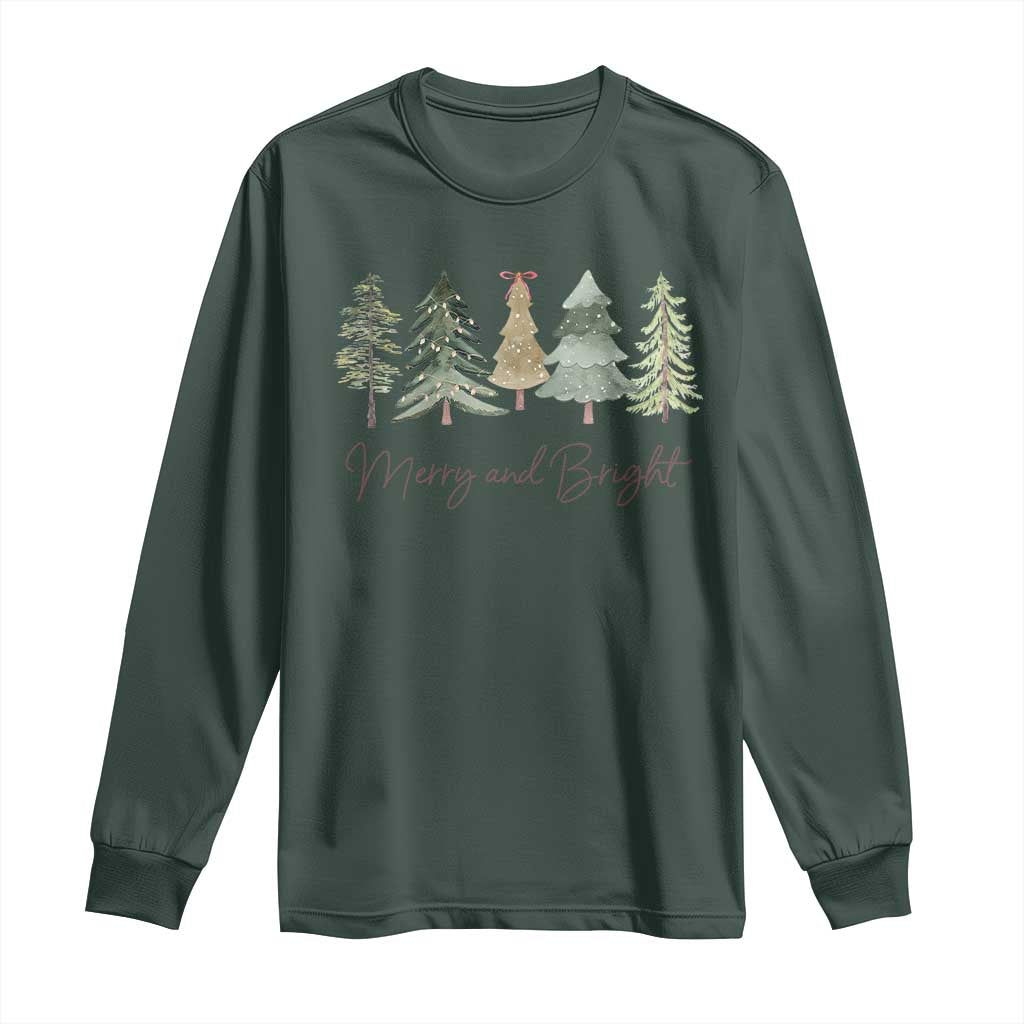 Merry and Bright Trees Long Sleeve Shirt Womans Holiday Coquette Tree Bow