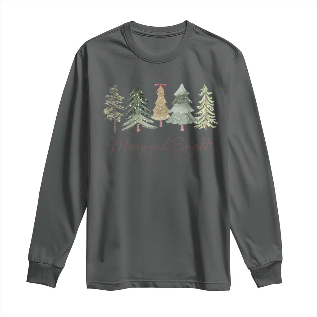 Merry and Bright Trees Long Sleeve Shirt Womans Holiday Coquette Tree Bow