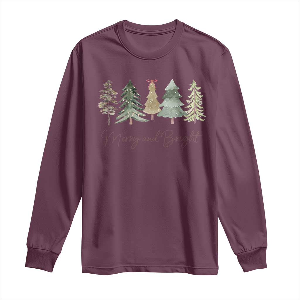 Merry and Bright Trees Long Sleeve Shirt Womans Holiday Coquette Tree Bow