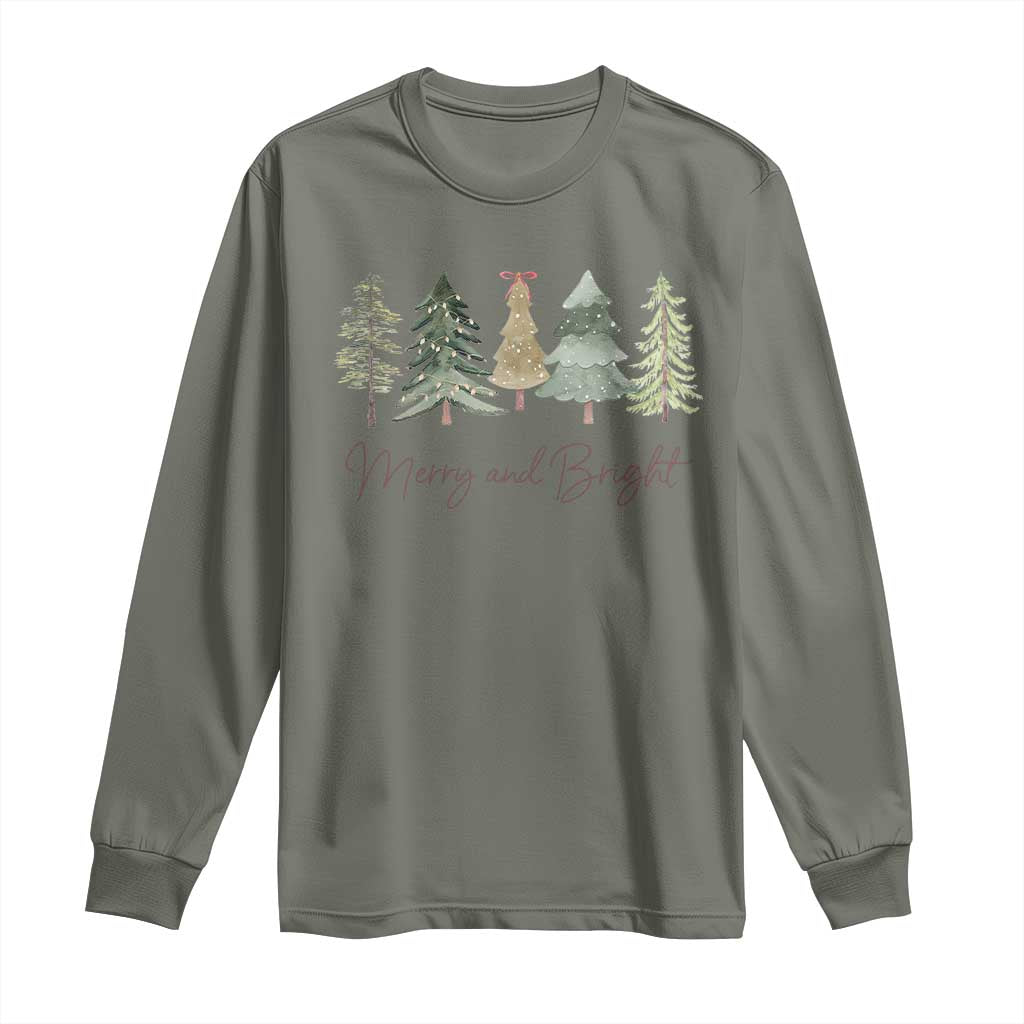 Merry and Bright Trees Long Sleeve Shirt Womans Holiday Coquette Tree Bow