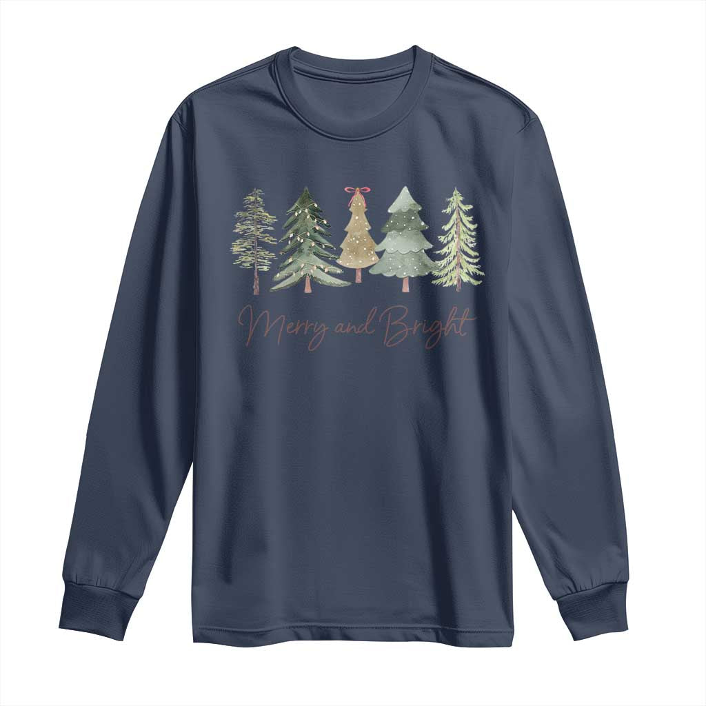 Merry and Bright Trees Long Sleeve Shirt Womans Holiday Coquette Tree Bow