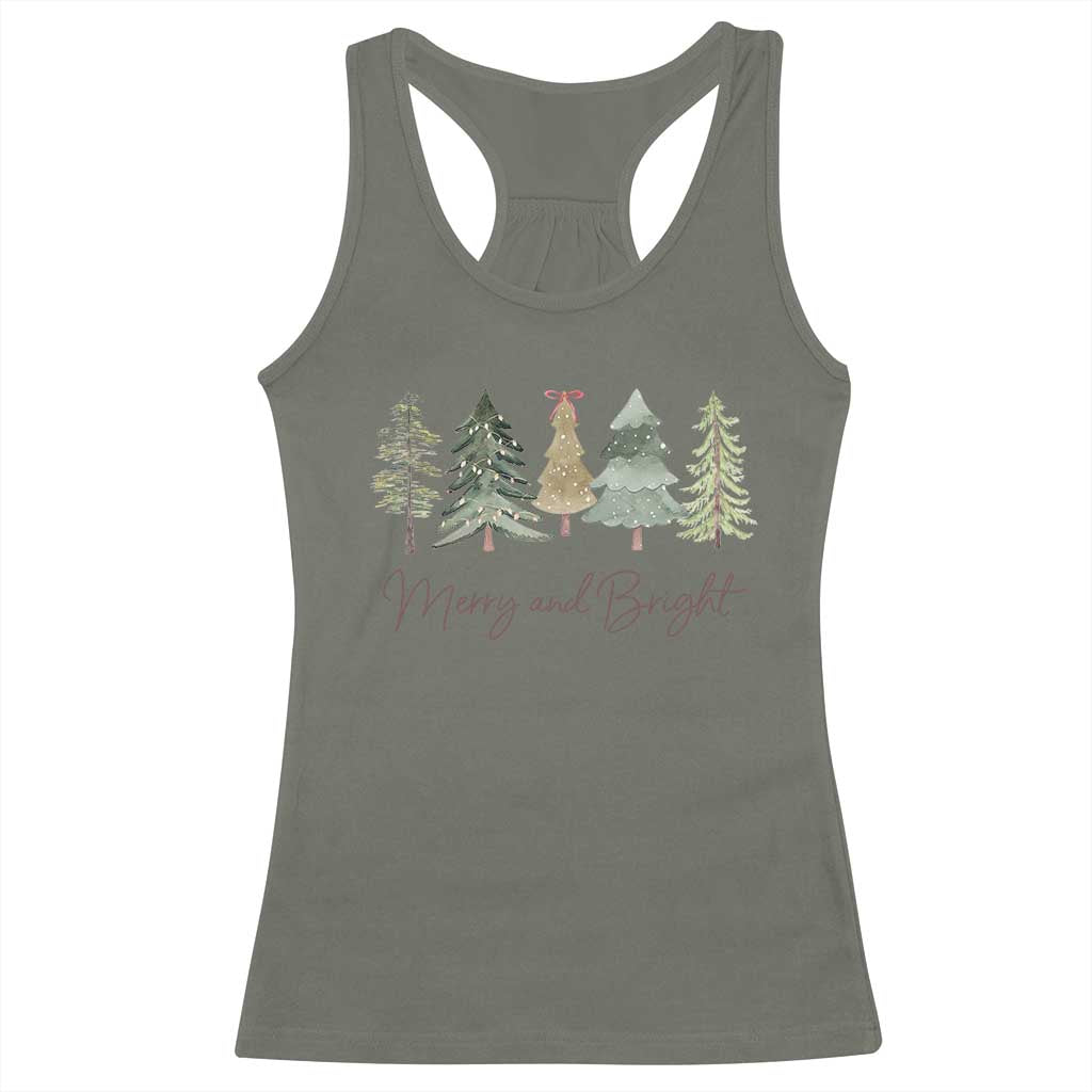Merry and Bright Trees Racerback Tank Top Womans Holiday Coquette Tree Bow