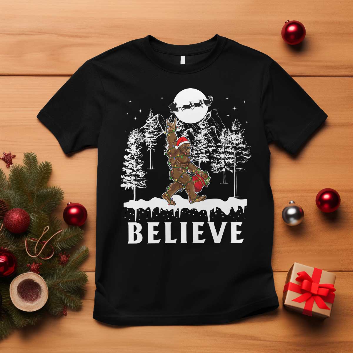 Bigfoot Christmas Tree Lights T Shirt Believe Rock On Sasquatch Santa Hat - Wonder Print Shop