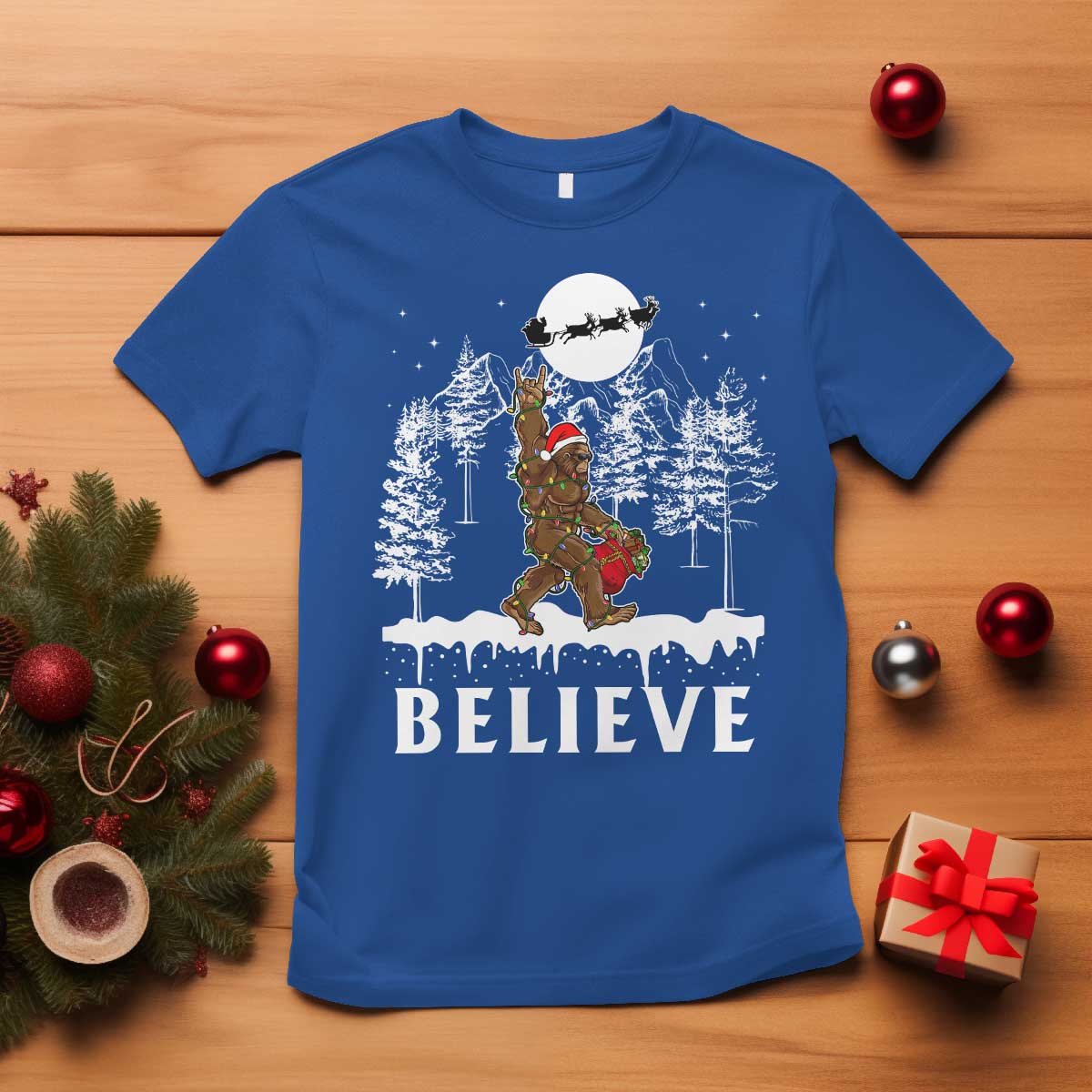 Bigfoot Christmas Tree Lights T Shirt Believe Rock On Sasquatch Santa Hat - Wonder Print Shop