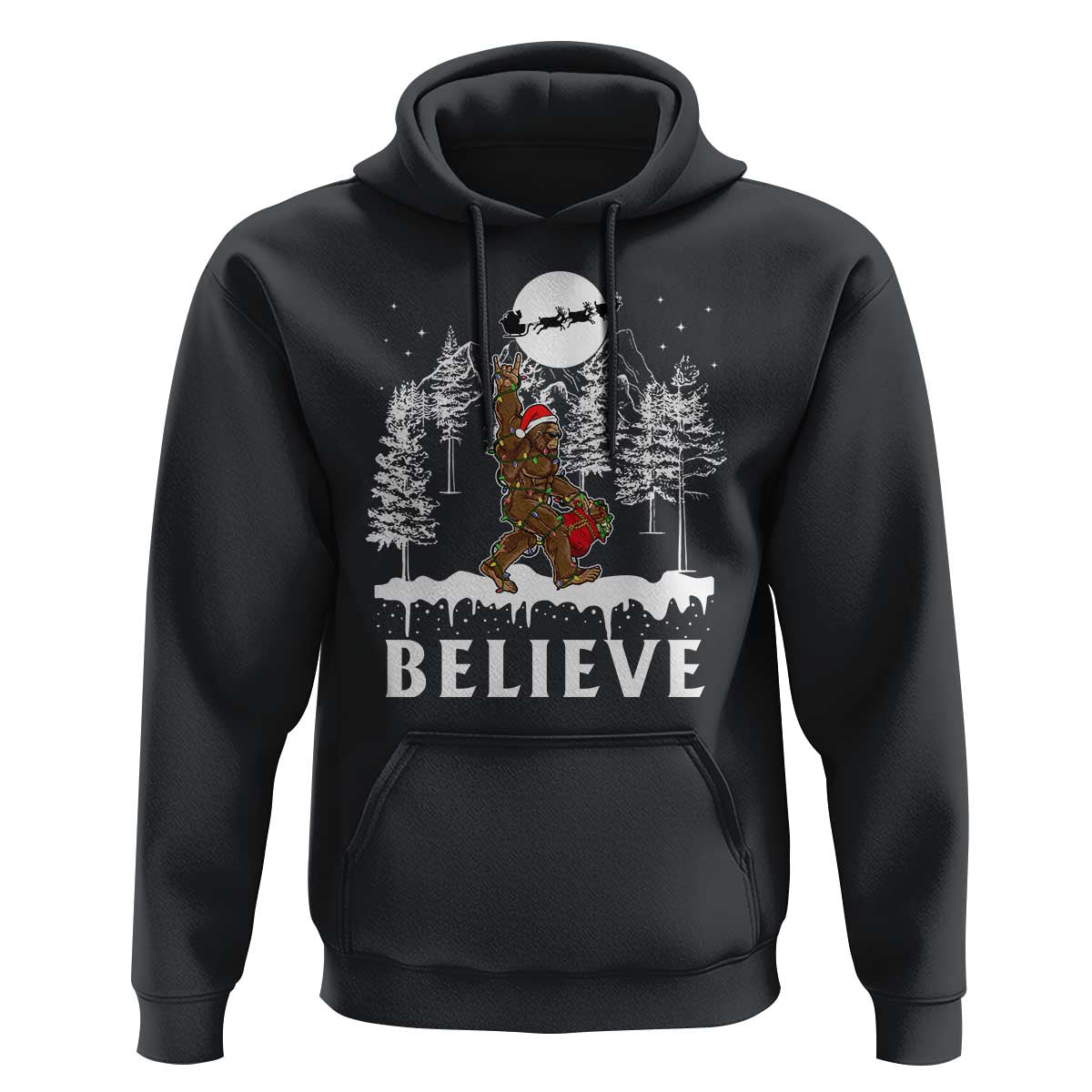 Bigfoot Christmas Tree Lights Hoodie Believe Rock On Sasquatch Santa Hat
