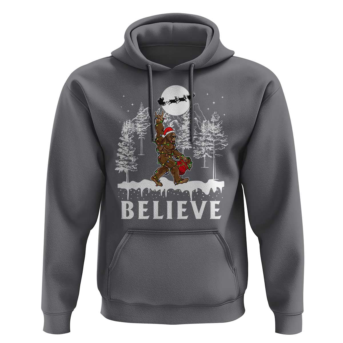 Bigfoot Christmas Tree Lights Hoodie Believe Rock On Sasquatch Santa Hat