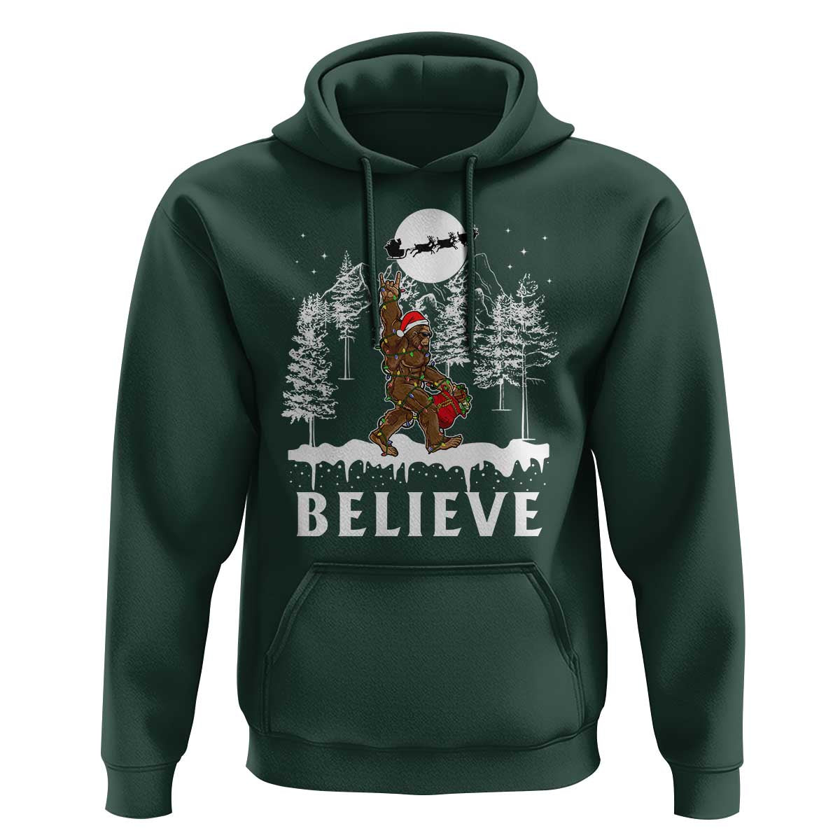 Bigfoot Christmas Tree Lights Hoodie Believe Rock On Sasquatch Santa Hat