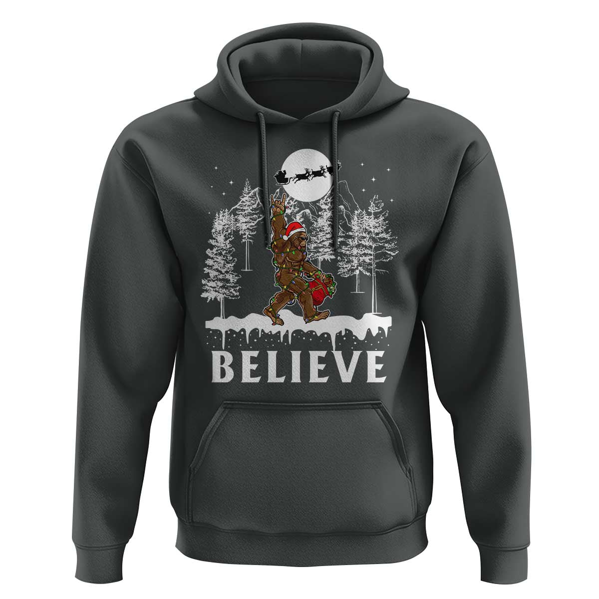 Bigfoot Christmas Tree Lights Hoodie Believe Rock On Sasquatch Santa Hat
