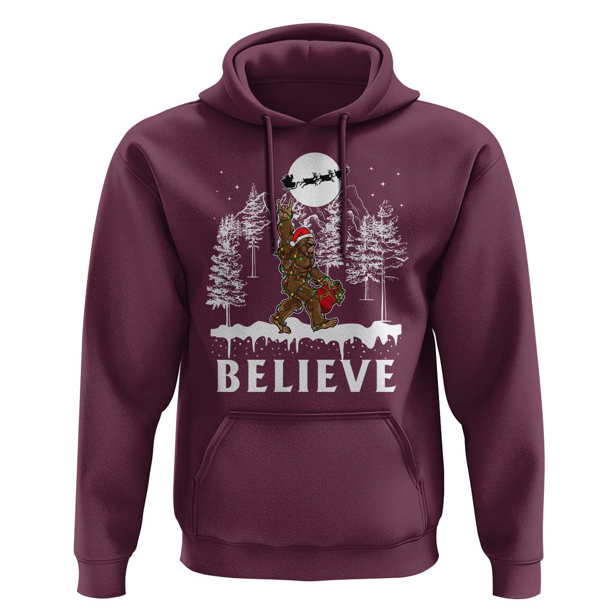 Bigfoot Christmas Tree Lights Hoodie Believe Rock On Sasquatch Santa Hat