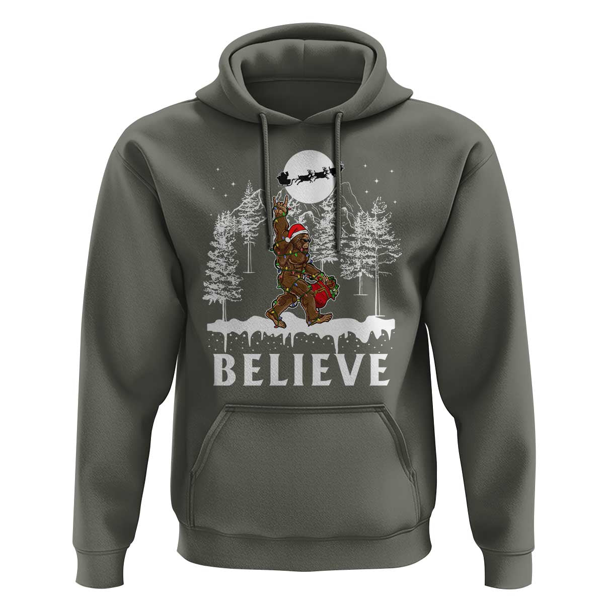 Bigfoot Christmas Tree Lights Hoodie Believe Rock On Sasquatch Santa Hat