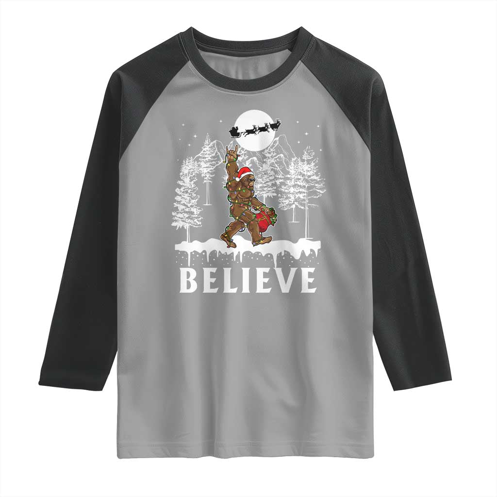 Bigfoot Christmas Tree Lights Raglan Shirt Believe Rock On Sasquatch Santa Hat