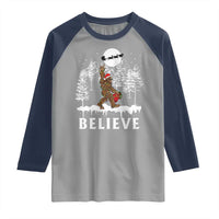 Bigfoot Christmas Tree Lights Raglan Shirt Believe Rock On Sasquatch Santa Hat