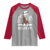 Bigfoot Christmas Tree Lights Raglan Shirt Believe Rock On Sasquatch Santa Hat