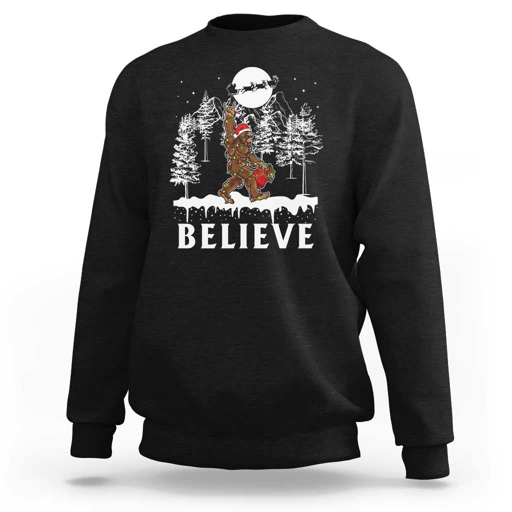 Bigfoot Christmas Tree Lights Sweatshirt Believe Rock On Sasquatch Santa Hat - Wonder Print Shop