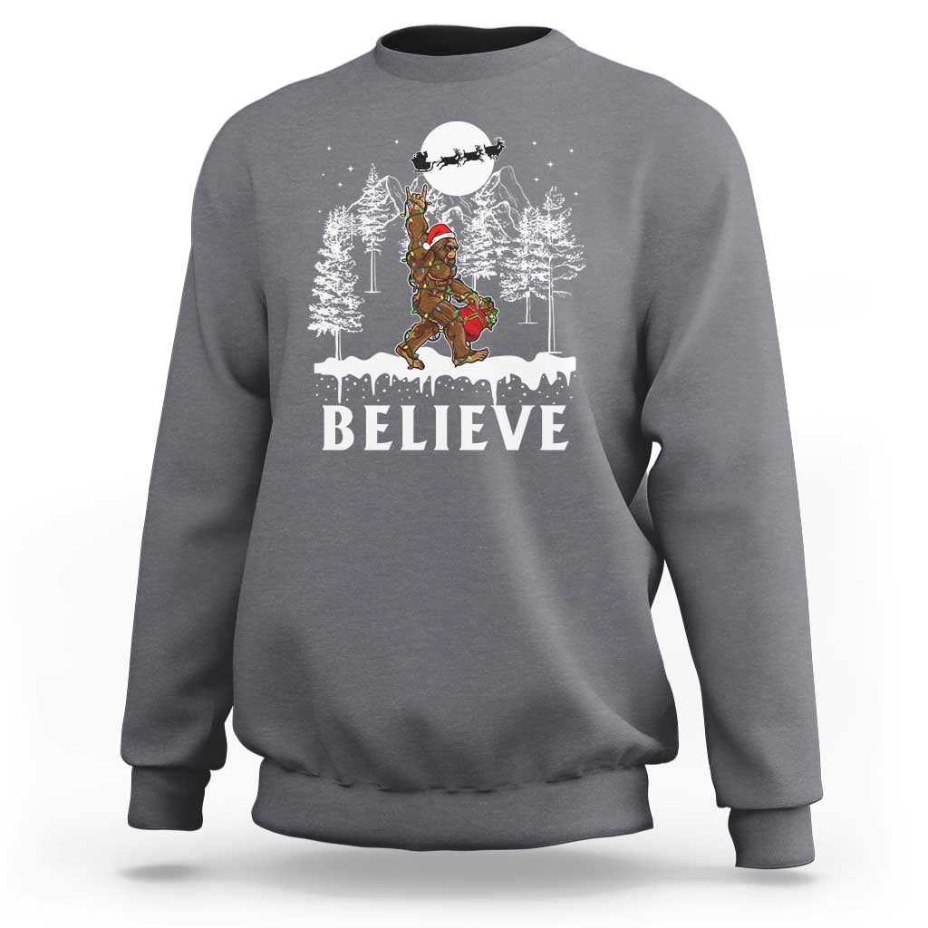 Bigfoot Christmas Tree Lights Sweatshirt Believe Rock On Sasquatch Santa Hat - Wonder Print Shop